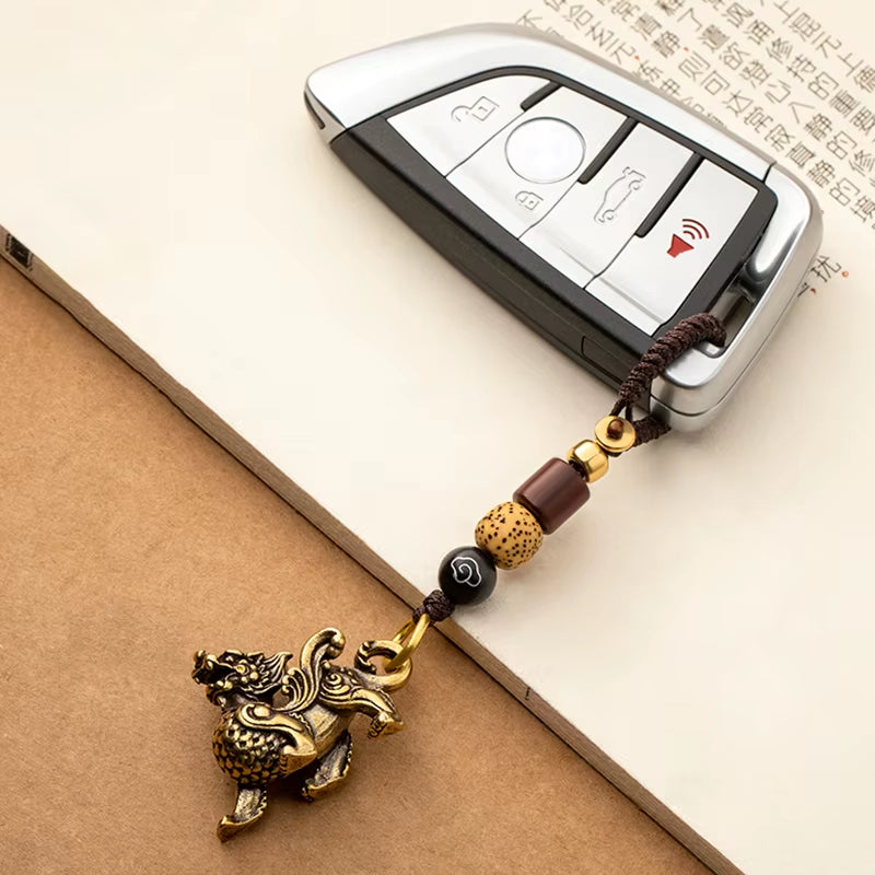 Vintage Brass Chinese Beast Pendants for Keychains Lanyard Men Car Key Chain Hanging Lucky Feng Shui Jewelry Handmade Woven Rope