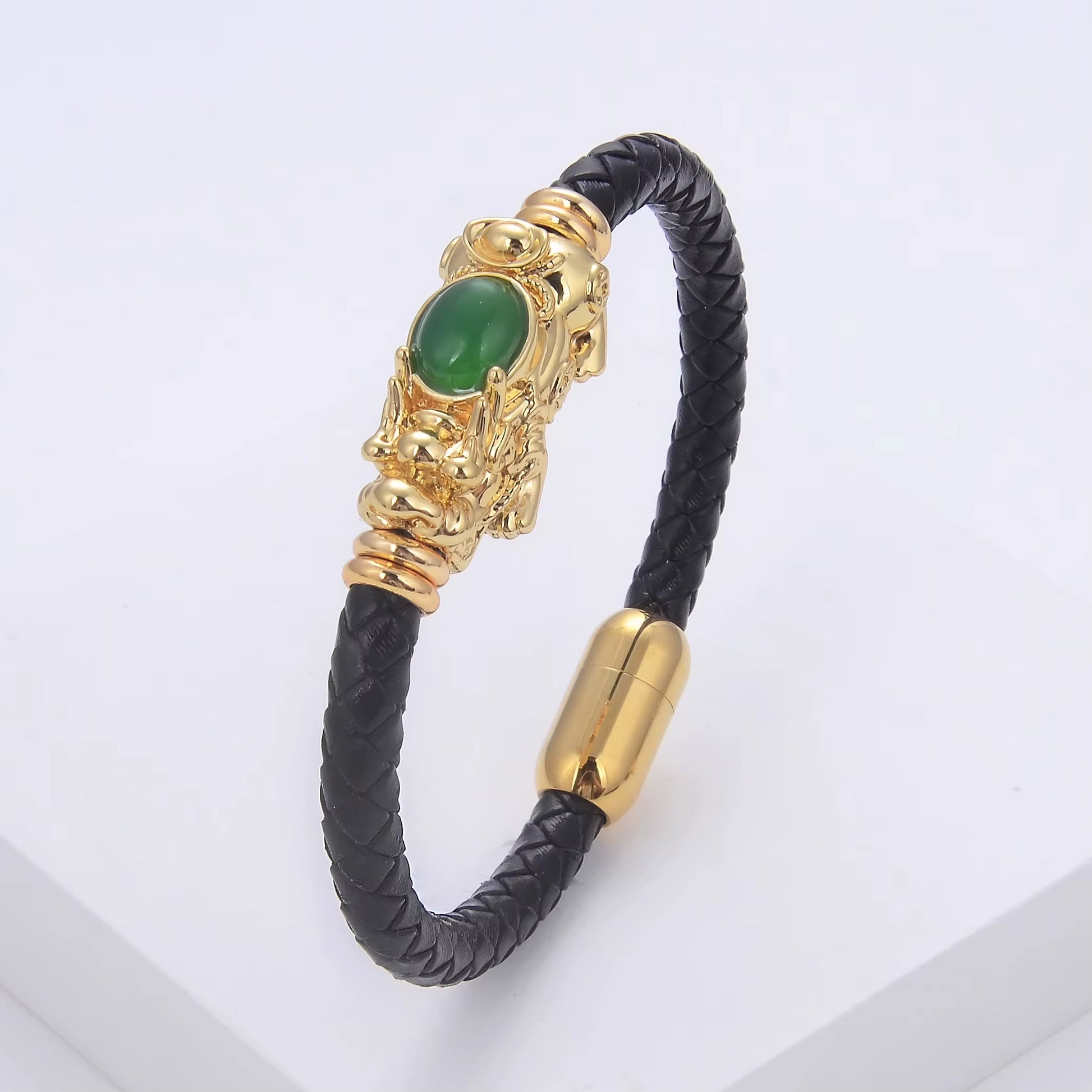 New Feng Shui PIXIU Charm Bracelet round Natural Gemstone Braided Leather Rope Women Bracelet Fashion Stainless Steel Jewelry