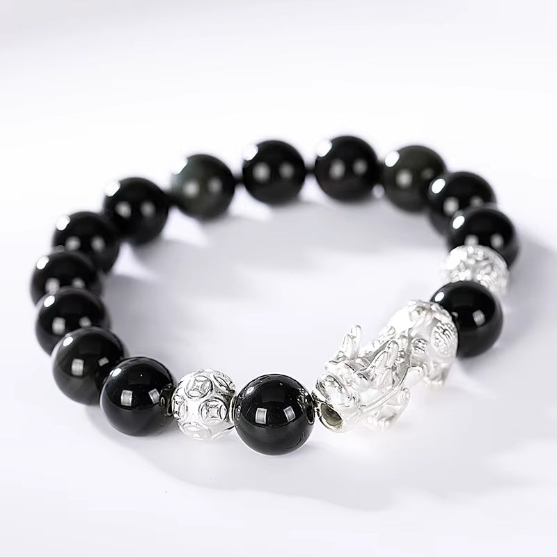 Black Obsidian Stone Bracelets Hand Accessories for Men with Real Sterling Silver Pixiu Feng Shui Crystals Jewelry Armband Heren