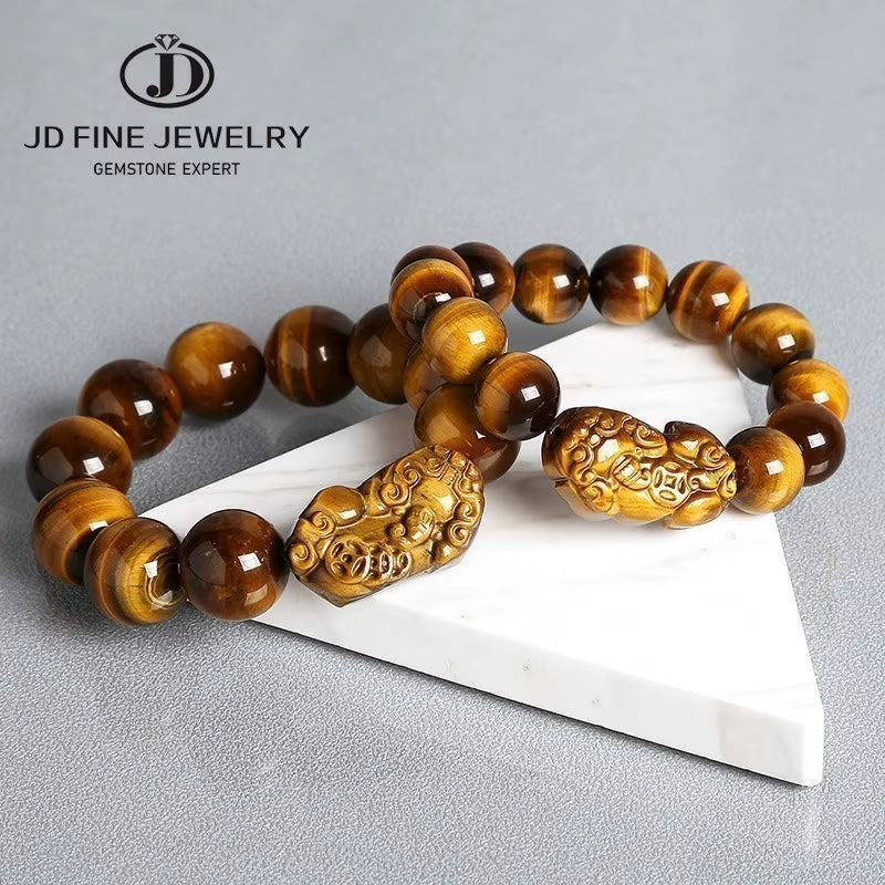 JD Natural Stone Yellow Tiger Eyes Beads Pixiu Bracelets Men Women Feng Shui Wealth Lucky Bangles round Buddha Energy Jewelry