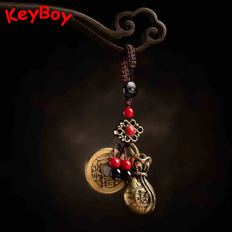 Vintage Brass Money Bag Keychain Pendant Handmade Rope Lucky Feng Shui Hanging Jewelry Ancient Five Emperors Coins Car Key Chain