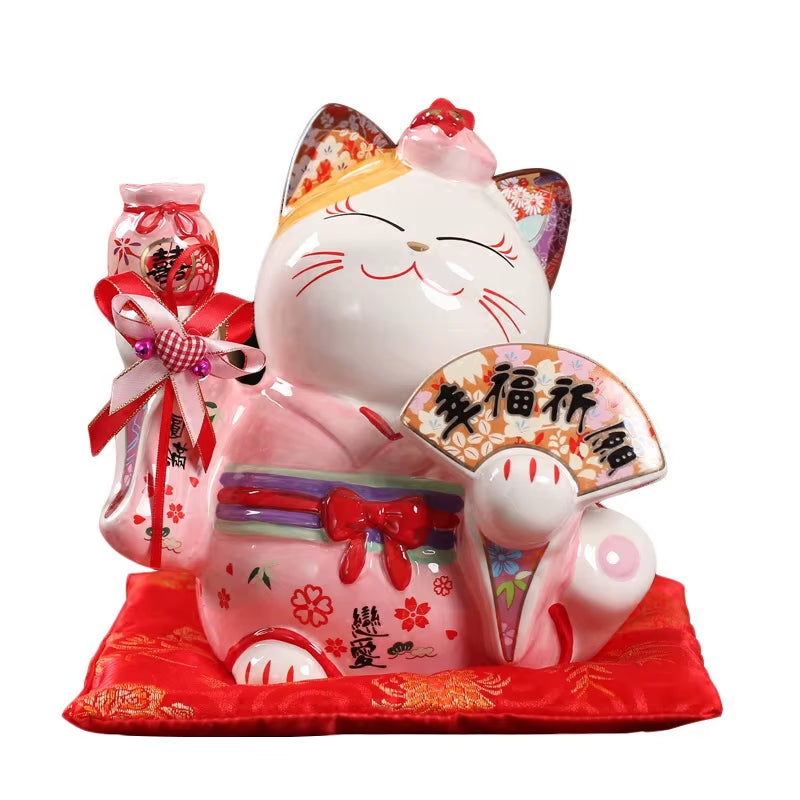 8 Inch Ceramic Maneki Neko Ornament Lucky Cat Money Box Japanese Couple Fortune Cat Feng Shui Wedding Gift Centerpiece