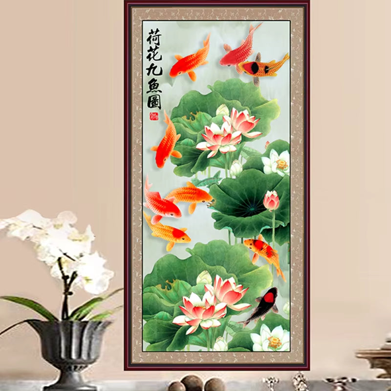 Silk Painting Gift / Lotus Nine Fish Figure / Figure Silk Scroll Painting Lotus / Interior Painting / Chinese Painting