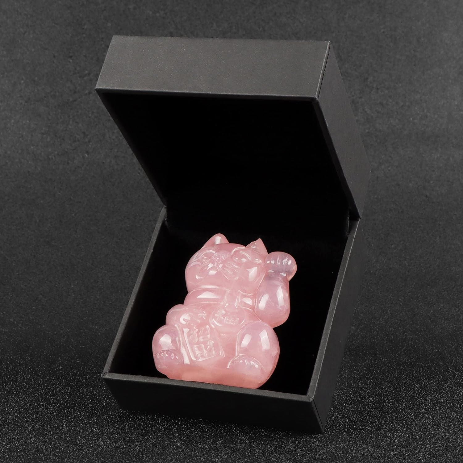 2" Rose Quartz Crystal Lucky Cat Figurine Hand Carved Maneki Neko Money Cats Statue Good Luck Feng Shui Decoration for Home Office with Gift Box