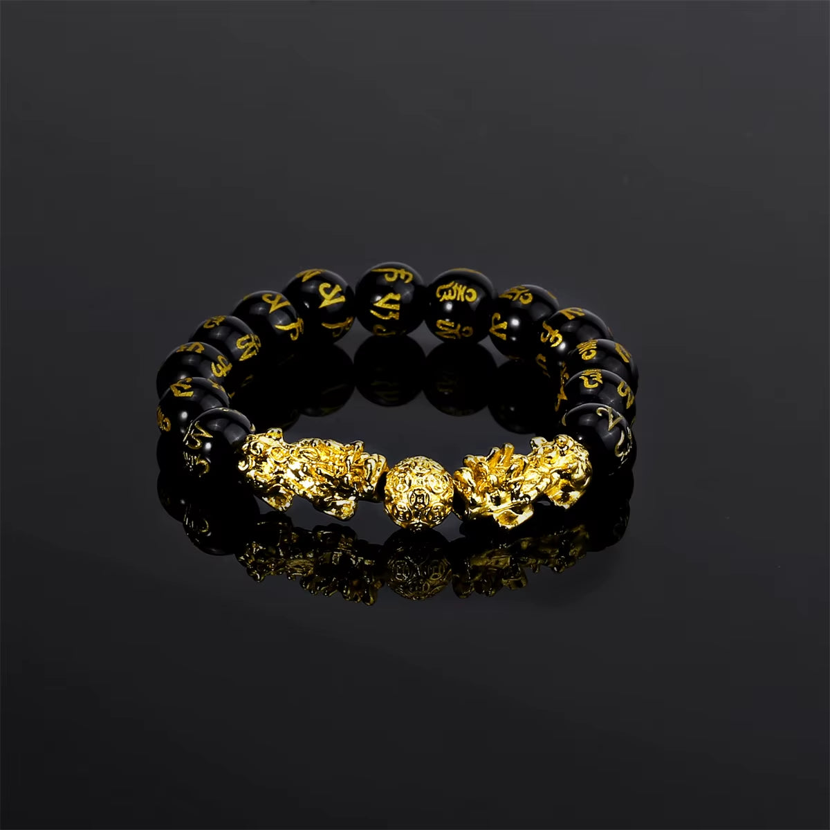 Buddhism Feng Shui Obsidian Stone Beads Bracelet Men Women Unisex Brave Troops Wristband Gold Color Pixiu Wealth Lucky Bracelets