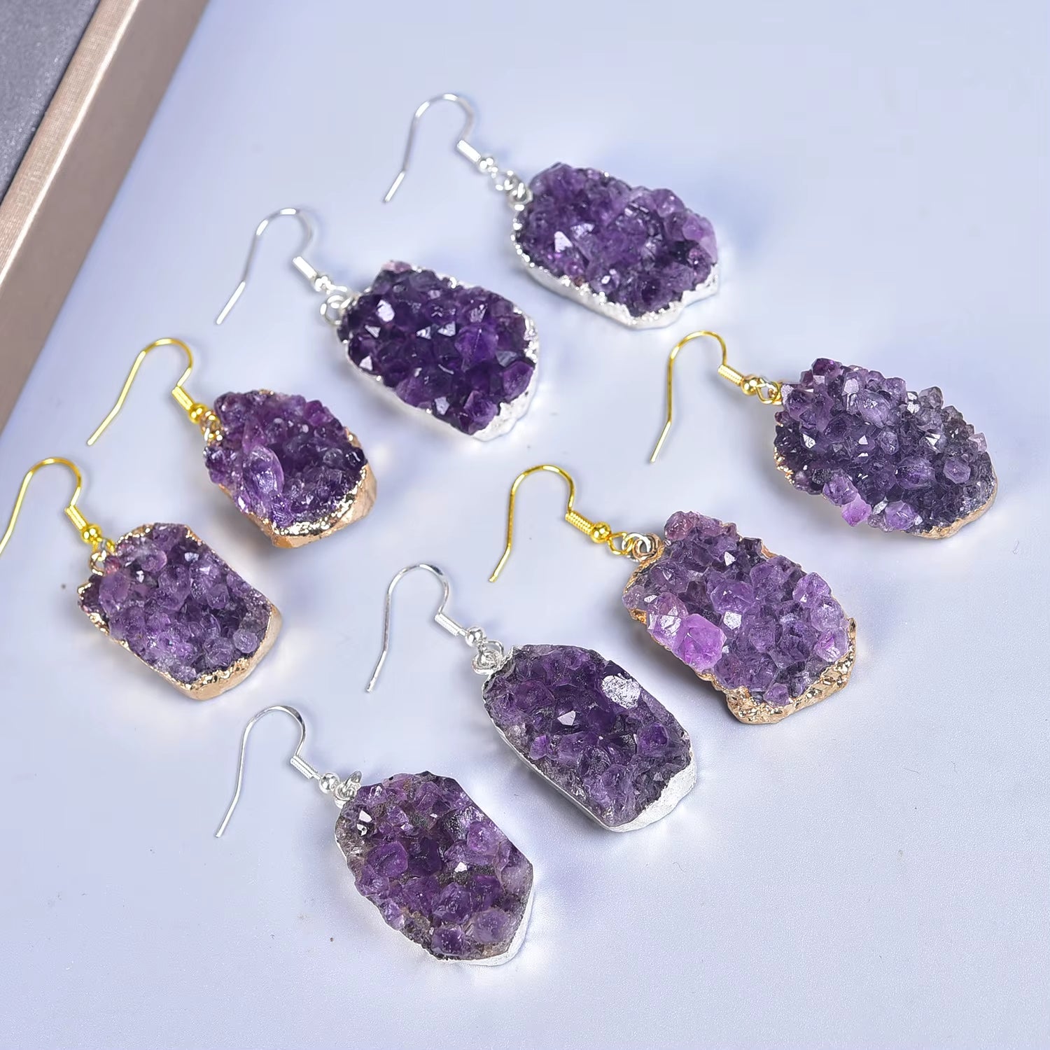 Natural Crystal Cluster Drop Earrings Irregular Real Amethyst Purple Quartz Stone Ear Jewelry Decor Healing Energy Reiki