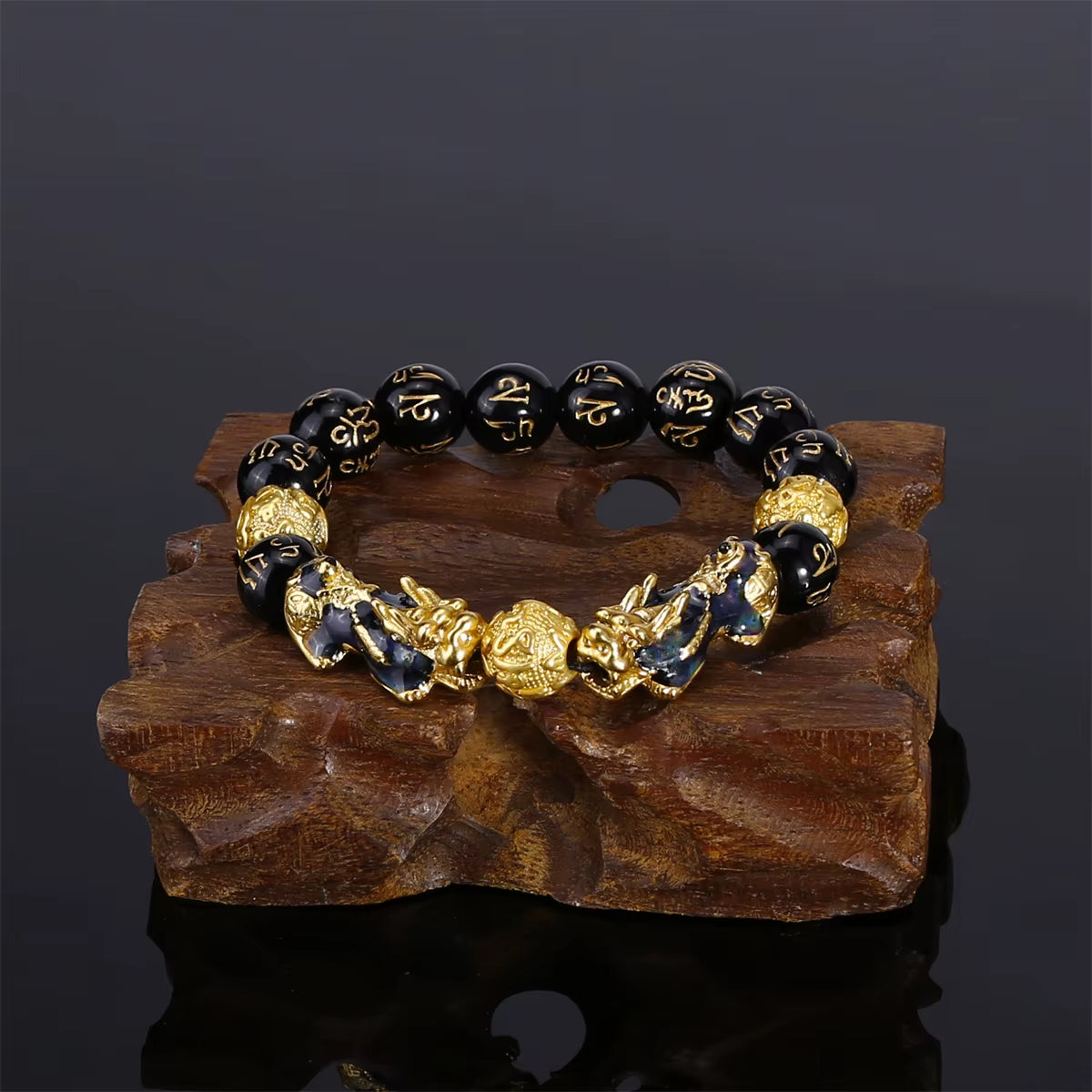 Buddhism Feng Shui Obsidian Stone Beads Bracelet Men Women Unisex Brave Troops Wristband Gold Color Pixiu Wealth Lucky Bracelets