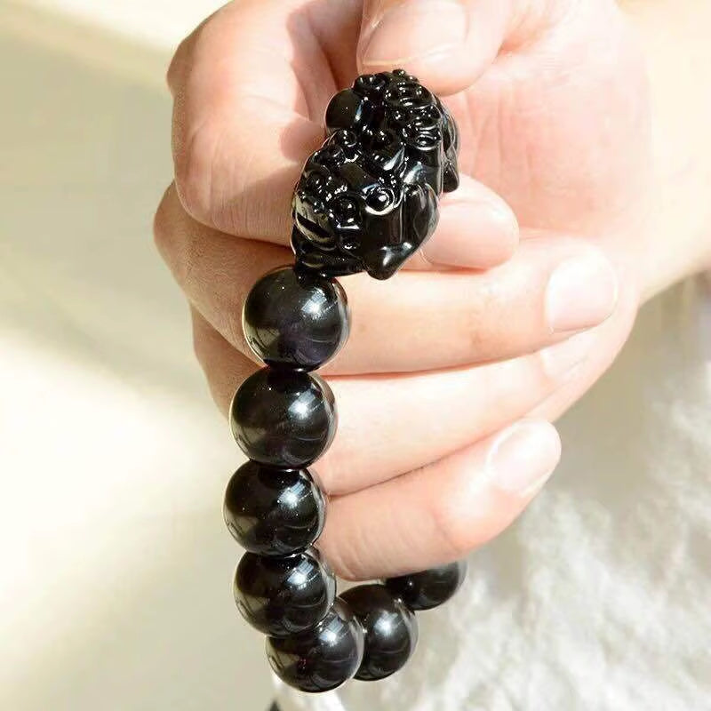 Natural Obsidian Stone Beads Bracelet Men Women Chinese Feng Shui Pi Xiu Wristband Gold Color Wealth & Good Luck Pixiu Bracelets