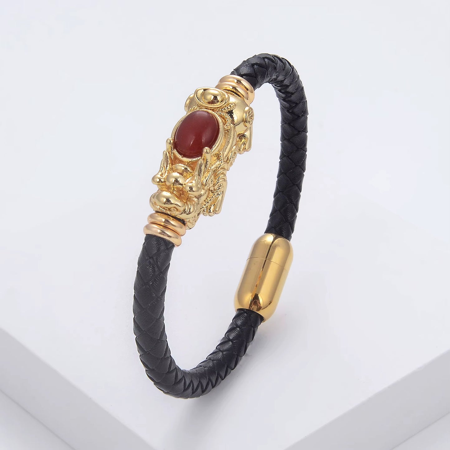 New Feng Shui PIXIU Charm Bracelet round Natural Gemstone Braided Leather Rope Women Bracelet Fashion Stainless Steel Jewelry