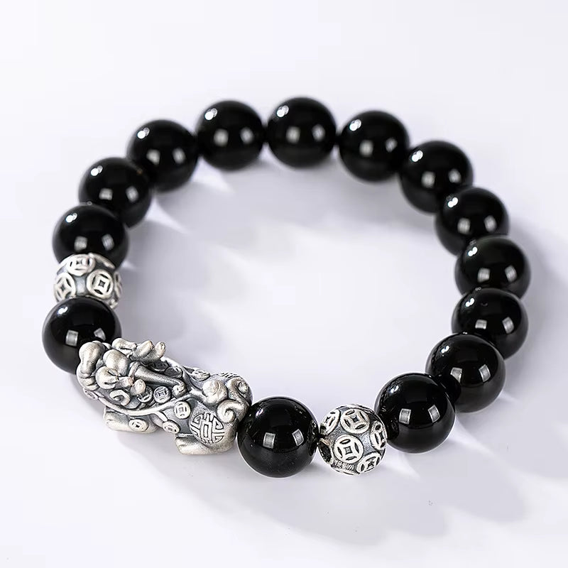 Black Obsidian Stone Bracelets Hand Accessories for Men with Real Sterling Silver Pixiu Feng Shui Crystals Jewelry Armband Heren